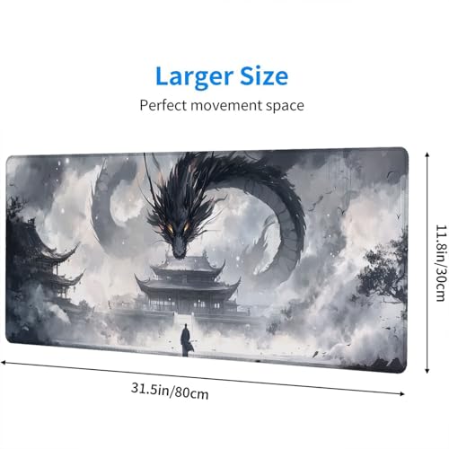 Dragon Gaming Mouse Pad Desk Pad Fantasy Creature Mysterious Oriental Dragon Large Gaming Mouse Mat with Stitched Edges,Non-Slip Waterproof Rubber Base Mouse Mat 31.5"x11.8" - color: Dragon, size: 31.5" x 11.8"