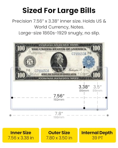 25 Pack Large Currency Toploader, 7 x 3 Money Sleeves Holders | 7.56 x 3.38 In 39PT Rigid PVC Dollar Bill Holders For Large Bills, Paper Currency Notes & Collectible Banknotes, Blue Tint