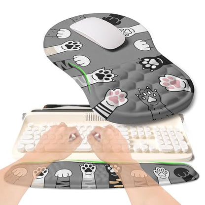 2-in-1 Ergonomic Set, Wave Rise Keyboard Wrist Rest and Massage Bulge Slope Mouse Pad Wrist Support, Cushion Memory Foam Integrated to Relieve Wrist Pain, Cute Cat Paws - color: Cute Cat Paws