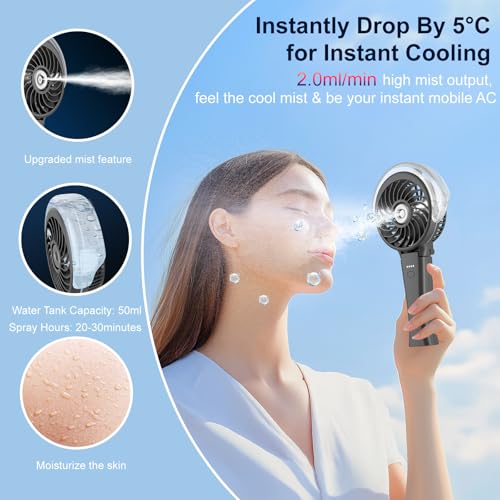 HandFan 4000mAh Portable Misting Fan, 50ml Water Tank, Rechargeable Handheld Personal Mister Fan, Spray Water Mist, Foldable Electric Cooling Ice Fans for Beach, Travel, Outdoors(Black) - color: Black, style: 4000mAh