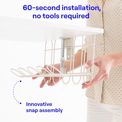 CarryUp Under Desk Cable Tray, No Drill Wire Management Clamp, Computer Cord Organizer, Cable Hider & Holder, Cord Keepers for Home Office Organization, Powder Coated Metal, Dorm Essentialss - Cream