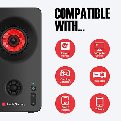 Audiosource Desktop PC Speakers with Bluetooth 5.3, USB-C Plug & Play, 2.0 Stereo Computer Speakers with Dual 2" Drivers, Compact Design, AUX Input, LED Indicator (Black) - color: Black