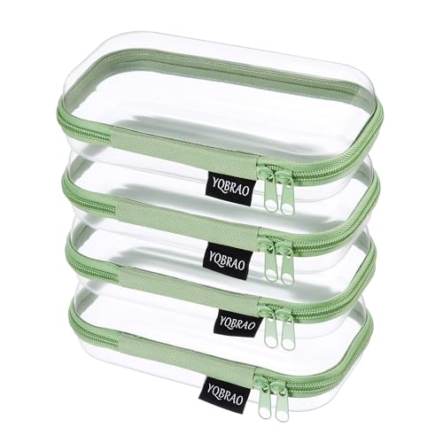 YQBRAO Clear Hard Shell Zipper Cases, 4 Small Cable Organizers, Green | Rigid 1.2 mm PET and YKK dual zippers for cosmetics, charging cords, pens and travel accessories - color: Green, size: 4 Pack(S)