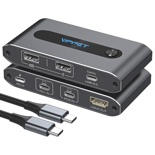 USB C KVM Switch 1 Monitors 2 Laptop 4K@60Hz HDMI KVM Switch 2 Port Share 1 Monitor Keyboard Mouse Hard Drives Printer Support 100W Charging for Laptop