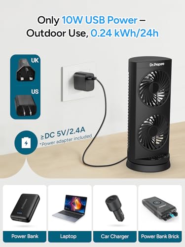 DR.PREPARE Desk Fan USB DC Tower Cooling Fan with Remote Control, DC Motor Portable Oscillating Fan, 3 Speeds, Dual Air Circulation, 110° Oscillation, Table Fan for Bedroom Dorm Room Office Desktop