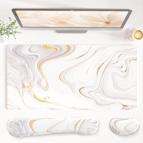 QIYI PU Leather Desk Mat Set, 4-in-1 Ergonomic Wrist Rest, White Marble | Waterproof Large Mouse Pad 31.5×15.7 + Keyboard Wrist Rest + Mouse Wrist Support+Coaster, Non-Slip Office Gaming Accessories - color: Gray White Marble