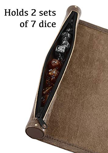Forged Dice Co Scroll Dice Tray and Rolling Mat with Zippered Dice Holder - Storage Pouch Holds up to 14 Metal or Plastic Polyhedral Dice - Compatible with DND and Dungeons & Dragons Game Dice - color: Brown