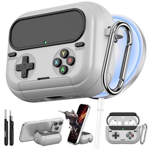Getino Retro Game Case for AirPods Pro 3 | Game Console Design Protective Cover with Foldable Stand, Secure Lock Anti-Drop Shockproof PC+TPU Case, Keychain & Cleaning Kit for Men & Boys, Gray - color: Gray