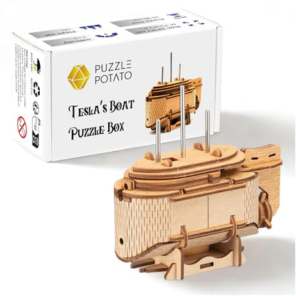 Tesla's Boat-Escape Room Game in a Box-Electronic Puzzle Box-Brain Teaser Puzzle Box-3D Wooden Puzzle for Adults - Money Puzzle Box for Cash Gift - Birthday GiftBox MoneyBox - color: Tesla's Boat