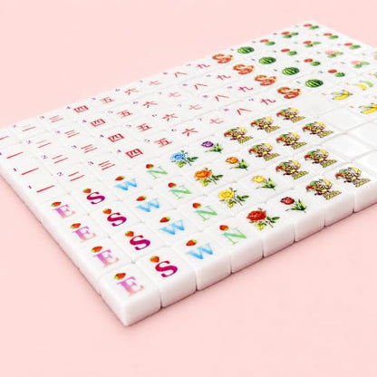Pink American Mahjong Set, 160 Pink-Back Mah Jongg Tiles, Compact 1.2 x 0.8 x 0.5 in Mahjong Tile Set with Fruit & Floral Designs, Dice, Scoring Chips, Dealer Marker, Rule Cards & Floral Storage Bag