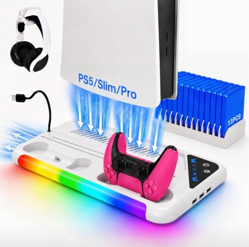 PS5/Slim/Pro Stand for Disc & Digital Console | Controller Charging Station, RGB Light & 3 Level Cooling Station , PS5 Accessories Headset Holder, Game Card Holder - color: White LED