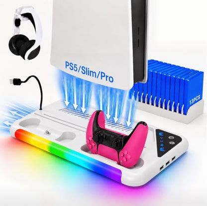 PS5/Slim/Pro Stand for Disc & Digital Console | Controller Charging Station, RGB Light & 3 Level Cooling Station , PS5 Accessories Headset Holder, Game Card Holder - color: White LED