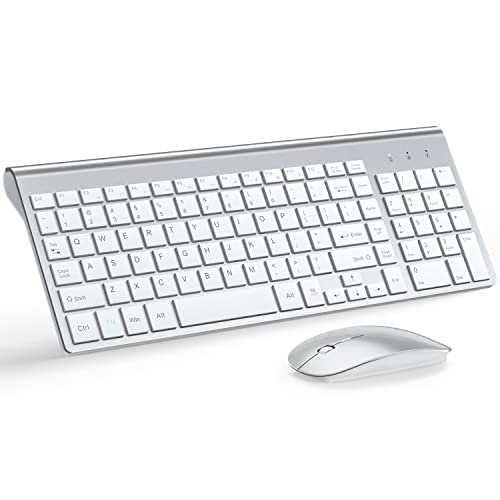 Wireless Keyboard and Mouse Ultra Slim Combo, TopMate 2.4G Silent Compact USB 2400DPI Mouse and Scissor Switch Keyboard Set with Cover, Batteries Included, for PC/Laptop/Windows/Mac - Silver White - color: Silver White