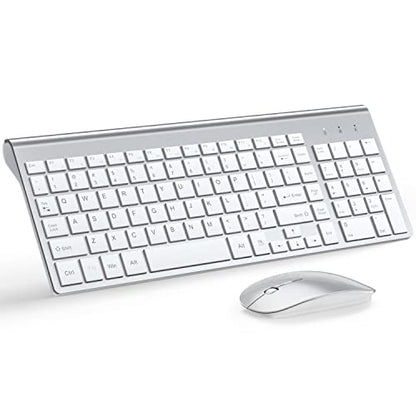 Wireless Keyboard and Mouse Ultra Slim Combo, TopMate 2.4G Silent Compact USB 2400DPI Mouse and Scissor Switch Keyboard Set with Cover, Batteries Included, for PC/Laptop/Windows/Mac - Silver White - color: Silver White