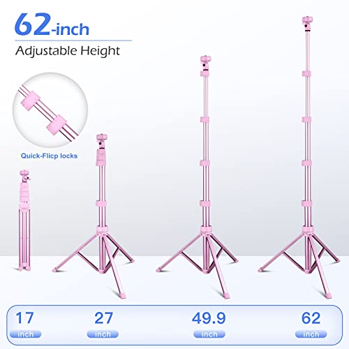 Sensyne 62" Phone Tripod & Selfie Stick, Extendable Cell Phone Tripod Stand with Wireless Remote and Phone Holder, Compatible with iPhone Android Phone, Camera - color: Pink, size: 62-inch