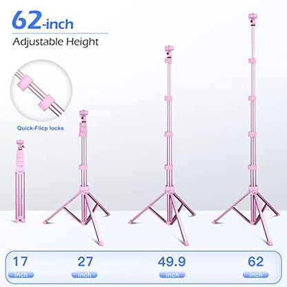 Sensyne 62" Phone Tripod & Selfie Stick, Extendable Cell Phone Tripod Stand with Wireless Remote and Phone Holder, Compatible with iPhone Android Phone, Camera - color: Pink, size: 62-inch