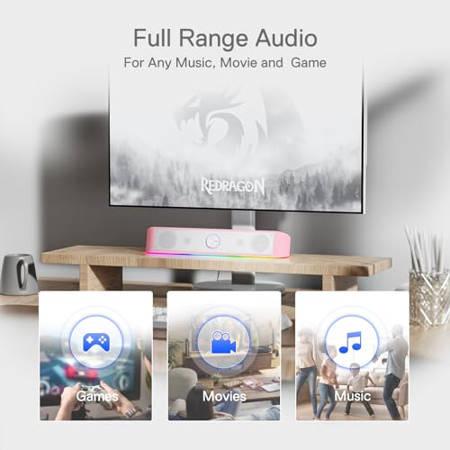 Redragon GS560 RGB Desktop Soundbar, Dynamic Lighting Bar with Audio Sync | 2.0 Stereo Enhanced Auido Quality, Touch-Control Backlit, Volume Knob, Plug & Play USB Powered Computer Speaker - color: Pink