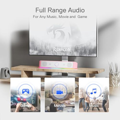 Redragon GS560 RGB Desktop Soundbar, Dynamic Lighting Bar with Audio Sync | 2.0 Stereo Enhanced Auido Quality, Touch-Control Backlit, Volume Knob, Plug & Play USB Powered Computer Speaker - color: Pink