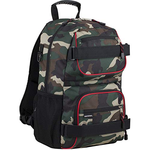 Eastsport Travel Skateboard Backpack Double Strap Laptop Bag Multi-Sport Design for Men and Women, Black Green Camo Red Trim - color: Black/Hunter Green Camo/Poppy Red Trim