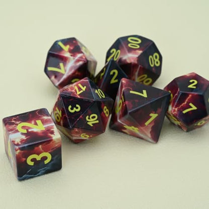 7-Piece Resin Dice Set with Lightning and Volcano Designs - Red and Black Printed Polyhedral Dice for Tabletop RPGs, Board Games, and Gaming Gifts(Lightning Volcano) - style: Lightning Volcano