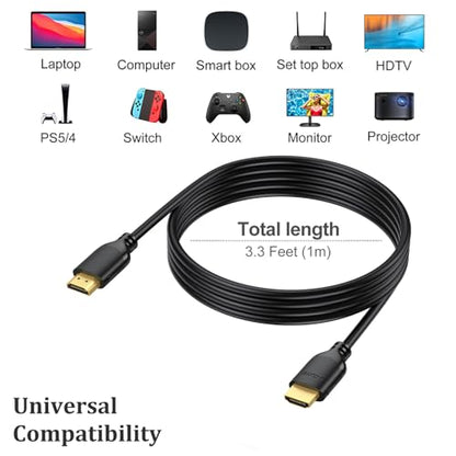 4K HDMI Cable 3FT 2-Pack, High Speed HDMI to HDMI Cable 3 Feet HDMI 2.0 Cord Supports 4K@60Hz, 2K, 1080P, HDCP 2.2, HDR, 3D, ARC & Ethernet for HDTV, Laptop, Monitor, PS5, Xbox - size: 3FT