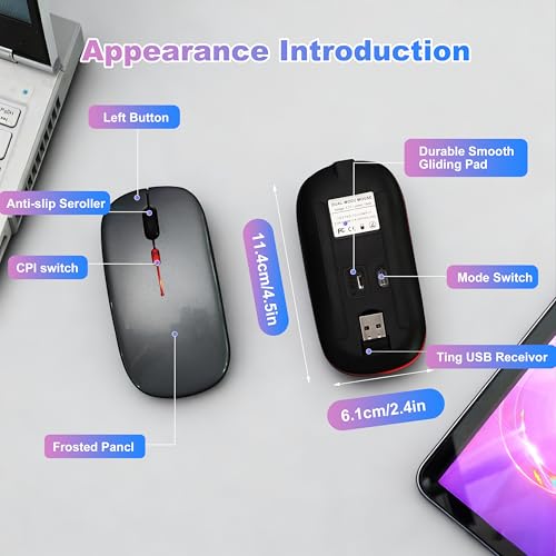 Wireless Bluetooth Mouse, Rechargeable Computer Mouse, Grey | Dual Mode - BT5.2 & 2.4G,Long Lasting,Silent RGB LED Mice,Slim Portable Mouse for Laptop,PC,Tablet,MacBook,iPad,Apple Devices - color: Grey