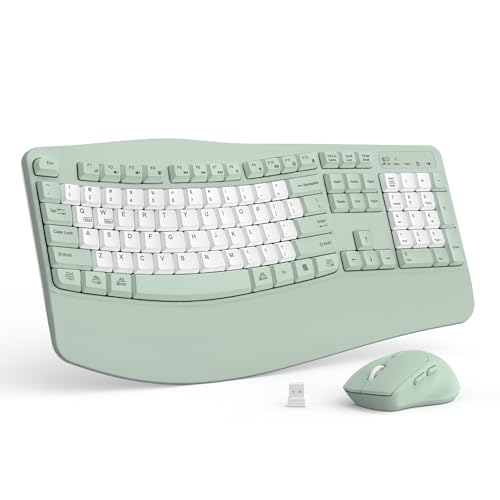 Wireless Keyboard and Mouse Combo,2.4G Ergonomic Wave Keys(Avocado Green-B) | Full Size Cordless Keyboard with Wrist Rest,3-Level DPI Ergonomic Mouse for Office and Home,Windows/Mac OS/Desktop/Laptop/PC - color: Avocado Green-B