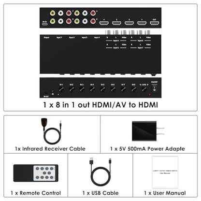 8-in-1 HDMI/AV Switch with Remote Control, 4K@60Hz 4:4:4, 4×HDMI & 4×RCA Inputs to 1×HD MI Output, HDR10/Dolby Vision, 18Gbps, 3D Support for TV/Projector/Monitor - size: 4 HDMI+4 RCA Inputs & 1 HDMI Output