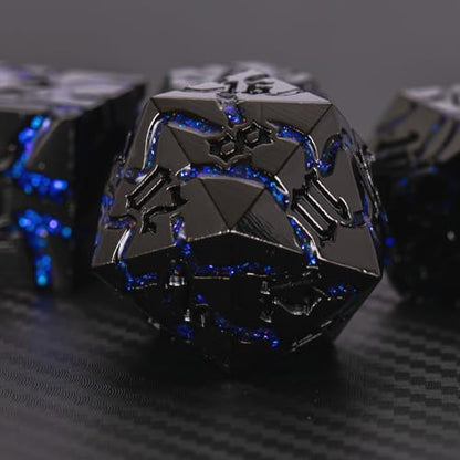 Cracked Rune Metal Dice Set for DND & RPG – Dark Fantasy Fractured Design, Premium Heavy Metal Polyhedral Dice with Deep Engraved Numbers, 7-Piece Set – Blue Arcane Vein - color: Black Nickel Blue