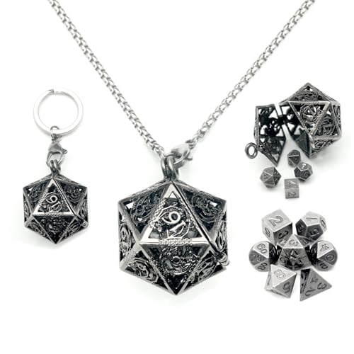Haxtec Mini Metal DND Dice Set, D20 Hollow Cage Pendant Necklace & Keying | Portable 6mm Micro 7PCS D&D Dice, Cool Charm DND Accessories, For RPG Travel, Unique Gifts for Dungeons and Dragons Players - color: Antique Nickel