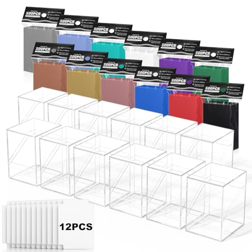 YSCare Deck Cases, 12 Pack Acrylic Commander Deck Cases and 1200pcs Matte Trading Card Sleeves with 12 Dividers, Clear Card Storage Box Fit for Football, Sports, Game Cards - color: 12 colors sleeves+12 clear cases, size: 1200