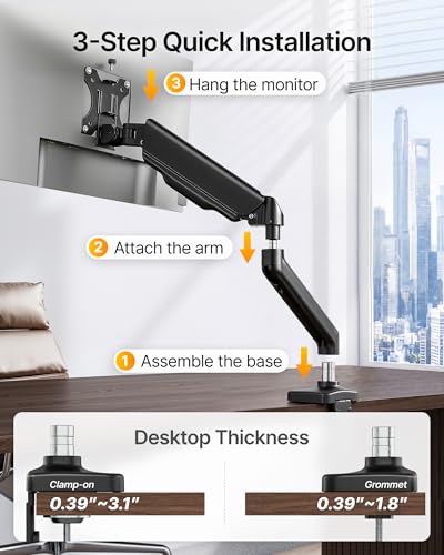 monTEK Single Monitor Arm for 17-32" Flat/Curved Screen up to 19.8 lbs | Mechanical Spring Monitor Arm, Full Motion, Height Adjustable, Alloy Steel, Easy Assembly, Clamp/Grommet, VESA 75/100mm - size: Single Arm