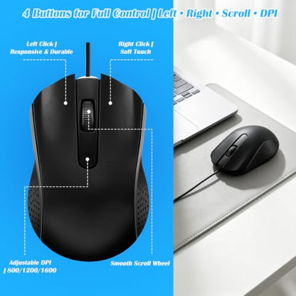 Wired Computer Mice 10 Pack Mini USB Silent Mouse Bulk, Ergonomic 3 Button Plug and Play Mice for Students Office School Home Remote Work PC