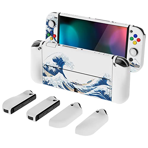 PlayVital AlterGrips Protective Slim Case for Nintendo Switch OLED, Ergonomic Grip Cover for Joycon, Dockable Hard Shell for Switch OLED w/Thumb Grip Caps & Button Caps - color: The Great Wave off Kanagawa