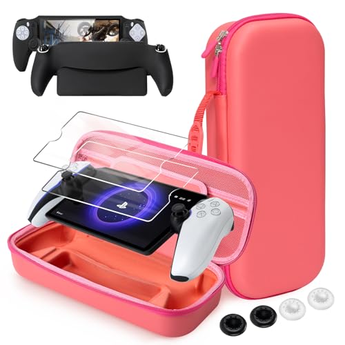 CoBak Hard Carrying Shell Case for PlayStation Portal Remote Player - with 2 Screen Protector, 1 Grip Case, 4 Thumb Grip Caps, Hard Outer Cover for PS5 Portal, Pink - color: **Pink