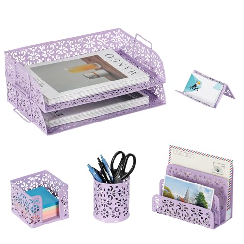 EasyPAG Desk Organizers and Accessories 5 Pieces Office Supplies Set - 2 Tier Paper Tray, Pencil Organizer for Desk, Mail Sorter Countertop, Business Card Holder and Sticky Note Holder, Purple - color: Purple
