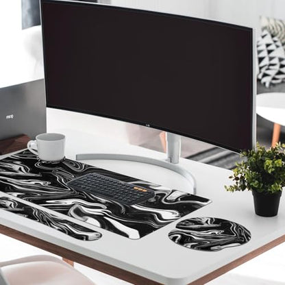 Britimes Black White Marble Keyboard Mouse Pad Set 4in1 Large Mousepad+Keyboard Wrist Rest+Mouse Wrist Rest+Coaster Ergonomic Design for Home Office Computer 35.4x15.7 inches - color: Black White Marble