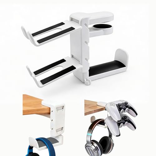 Rotatable Under Desk Headphone Hanger with 2 Controller Slots - 3-in-1 Gaming Accessory with Adjustable Clamp & Cable Organizer,for Home Gaming Xbox ps5 -White