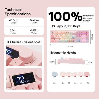 EPOMAKER Aula S102 PRO Membrane Gaming Keyboard with TFT Screen, Volume Knob & Number Pad, BT/2.4G/USB, RGB Backlit, Creamy Silicone Structure, Silent Keyboard for PC Game/Office (Pink) - color: Pink