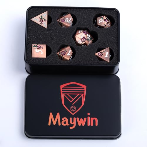 Glitter Purple DND Metal Dice, Flower DND Dice Set with Gift Case for Dungeons and Dragon,7PCS Solid Dice Tabletop Game (Antique Red Copper-Red) - color: Antique Red Copper-red
