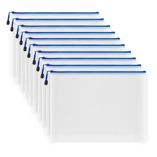 10 Pcs Zipper File Bags, Waterproof Plastic Mesh Pouch for Office School, Board Game Storage Bags (B4 Size 15''x11'', White and Blue) - color: White and Blue, size: B4 Size 15 x 11 inch
