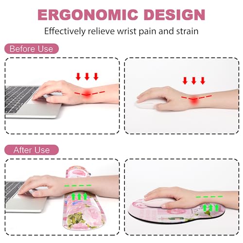 Ergonomic Mouse Pad with Wrist Rest and Keyboard Wrist Rest, Mousepad and Wrist Rest for Computer Keyboard, Pain Relief, Non-Slip Rubber Base, Mouse Pad with Wrist Support for Gaming, Pink Collage - color: Pink Collage