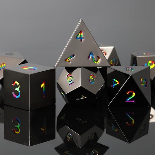 Rainbow Numbers Metal Dice Set 7PCS for DND RPG Tabletop Gaming | Solid zinc alloy build with 150g weight for balanced rolls(Black with Iridescent Number) - color: Black With Iridescent Number