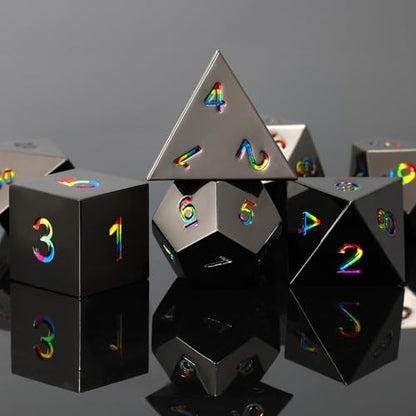 Rainbow Numbers Metal Dice Set 7PCS for DND RPG Tabletop Gaming | Solid zinc alloy build with 150g weight for balanced rolls(Black with Iridescent Number) - color: Black With Iridescent Number