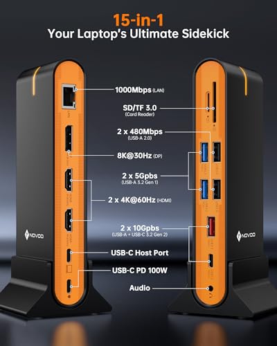 NOVOO Laptop Docking Station Dual Monitor, 15 in 1 Triple Display, 8K@30Hz DP, Dual 4K@60Hz HDMI, 10Gbps USB-A/C, SD/TF, 1Gbps Ethernet, Dual Monitor Adapter Dock for MacBook, Windows Laptops - style: 15-in-1