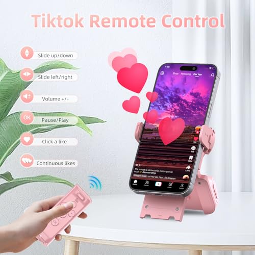 MILOUZ Remote Control Scrolling for Tiktok with Phone Stand,Page Turner for Kindle App E-Book,Bluetooth Camera Shutter Remote for iPhone, Android,iOS,iPad,Tablet - color: Rose Pink