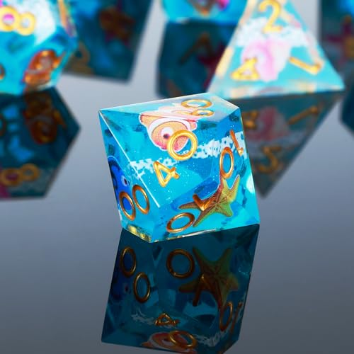 DND Dice Set 7-Pcs Sharp Edge Blue Marine Life Style Resin Dice Polyhedron Resin Sharp Edge dice Role-Playing Game RPG MTG Board Game (Marine Life - Golden) - color: Marine Life - Golden