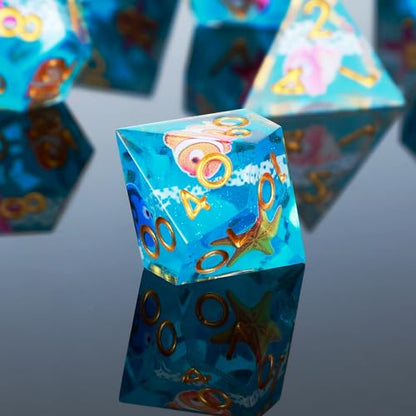 DND Dice Set 7-Pcs Sharp Edge Blue Marine Life Style Resin Dice Polyhedron Resin Sharp Edge dice Role-Playing Game RPG MTG Board Game (Marine Life - Golden) - color: Marine Life - Golden