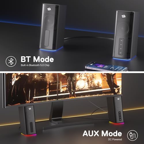 Redragon GS814 Stereo Desktop Speaker, BT & AUX Dual Connectivity, 20W | 2.0 Stereo Enhanced Auido Quality, 4 RGB Lighting Effects, Touch Controls, Plug & Play USB Powered Computer Speaker