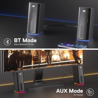 Redragon GS814 Stereo Desktop Speaker, BT & AUX Dual Connectivity, 20W | 2.0 Stereo Enhanced Auido Quality, 4 RGB Lighting Effects, Touch Controls, Plug & Play USB Powered Computer Speaker